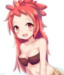  1girl bare_shoulders blush breasts cleavage collarbone eyebrows long_hair looking_at_viewer made_in_abyss medium_breasts mitty_(made_in_abyss) navel open_mouth red_eyes redhead shimokirin smile solo tearing_up tears upper_body 