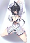  1girl :o animal_ears aqua_eyes arms_up black_bra black_hair black_panties bra breasts cat_ears cat_tail cleavage highres lace lace-trimmed_bra large_breasts long_hair looking_at_viewer mamuru open_mouth original panties seiza sitting solo tail thighs underwear white_bra white_panties 