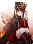  1boy bangs black_hair boots cape cross-laced_footwear family_crest fate/grand_order fate_(series) fire gloves hand_on_headwear hat iroha_(shiki) knee_up long_hair long_sleeves looking_at_viewer male_focus oda_nobukatsu_(fate/grand_order) oda_uri peaked_cap ponytail red_eyes shorts sidelocks sitting solo white_gloves 
