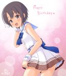  1girl :d bangs bare_arms black_eyes blue_bow blue_ribbon blush bow brown_eyes commentary_request cowboy_shot dress eyebrows_visible_through_hair frilled_dress frilled_sleeves frills hair_ornament happy_birthday heart idolmaster idolmaster_cinderella_girls idolmaster_cinderella_girls_starlight_stage kaiware-san leaning_forward looking_at_viewer looking_to_the_side open_mouth otokura_yuuki ribbon sailor_dress short_hair signature sleeveless sleeveless_dress smile solo standing striped striped_bow striped_ribbon tareme white_dress wrist_cuffs 