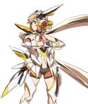  &gt;:( 10s 1girl armor bangs bodysuit breasts brown_hair clenched_hands cowboy_shot frown gauntlets gloves headgear headphones highres ikezawa_shin legs_apart looking_to_the_side navel senki_zesshou_symphogear short_hair shorts simple_background skindentation small_breasts solo standing tachibana_hibiki_(symphogear) white_background yellow_eyes 