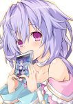  1girl bangs bare_shoulders blush braid breasts cleavage collarbone dress eyebrows_visible_through_hair hair_ornament hands_together iwasi-r kami_jigen_game_neptune_v long_hair looking_at_viewer neptune_(series) purple_hair pururut red_eyes simple_background small_breasts smile solo upper_body white_background wide_sleeves 