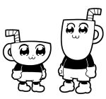  2boys :3 bkub bkub_(style) closed_mouth cup cuphead cuphead_(game) dot_nose drinking_straw gloves greyscale looking_at_another monochrome mug mugman multiple_boys pipimi poptepipic popuko shoes shorts simple_background standing white_background 