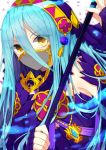  1girl aqua_(fire_emblem_if) blue_hair fire_emblem fire_emblem_heroes fire_emblem_if hio141 long_hair looking_at_viewer simple_background solo veil white_background yellow_eyes 