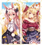  1girl 2girls animal_ears autumn autumn_leaves bare_shoulders blonde_hair bow breasts choker cleavage fox_ears fox_tail green_eyes hair_bow highres mouth_hold multiple_girls original outdoors rabbit_ears red_eyes standing tail twintails usagihime 
