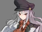  1girl black_hat blush breasts closed_mouth flat_cap gangut_(kantai_collection) grey_background grey_hair hair_between_eyes hat highres jacket kantai_collection long_hair long_sleeves looking_at_viewer maron_(kagamikunn) military military_hat military_jacket military_uniform naval_uniform orange_eyes peaked_cap red_shirt remodel_(kantai_collection) scar scar_on_cheek shirt shirt_lift smile solo uniform 