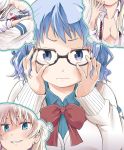  2girls blue_eyes blue_hair bow bowtie cardigan cover cover_page glasses hands_on_own_cheeks hands_on_own_face imagining maitake_(kinokonabe_hinanjo) multiple_girls original school_uniform short_hair tears thought_bubble wavy_hair wavy_mouth yuri 