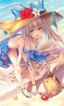  1girl :d beach bent_over bikini blue_bikini blue_eyes boar breasts cleavage crab eyebrows_visible_through_hair fate/grand_order fate_(series) flower from_above hands_on_own_knees hat hat_flower highres jewelry light_brown_hair long_hair looking_at_viewer marie_antoinette_(fate/grand_order) marie_antoinette_(swimsuit_caster)_(fate) medium_breasts necklace open_mouth outdoors pearl_necklace pigeon-toed piromizu sandals smile solo standing starfish sun_hat swimsuit twintails very_long_hair 