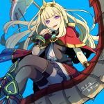  1girl bangs black_legwear blonde_hair blunt_bangs bow bracelet cagliostro_(granblue_fantasy) cape crown dragon evil_smile granblue_fantasy hairband jewelry kazunehaka long_hair looking_at_viewer open_mouth sitting skirt smile solo thigh-highs violet_eyes 