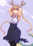  1girl armpits arms_behind_head black_legwear blonde_hair blush breasts cool-kyou_shinja dragon_horns dragon_tail frills hairband highres horns kobayashi-san_chi_no_maidragon long_hair red_eyes sleeveless solo tail tooru_(maidragon) twintails very_long_hair 