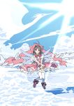  1girl ahoge bird bow brown_hair card_captor_sakura clouds dress edoya_inuhachi flying green_eyes hat highres kinomoto_sakura light_rays magical_girl puffy_short_sleeves puffy_sleeves short_sleeves sky sunbeam sunlight thigh-highs white_legwear wings 