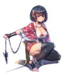  1girl bangs black_gloves black_hair black_legwear black_panties blunt_bangs blush bow_(bhp) breasts choker cleavage closed_mouth commentary eyebrows_visible_through_hair feet fingerless_gloves full_body gloves hair_ornament holding holding_weapon japanese_clothes jewelry large_breasts looking_at_viewer necklace original outstretched_arm panties pantyshot pantyshot_(squatting) red_choker sash simple_background solo squatting stirrup_legwear thigh-highs toeless_legwear toes underwear violet_eyes weapon white_background 
