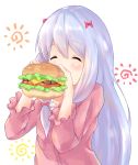  1girl ^_^ blush bow closed_eyes collarbone commentary_request eating eromanga_sensei eyebrows_visible_through_hair food frilled_sleeves frills hair_between_eyes hair_bow hamburger holding holding_food izumi_sagiri long_hair long_sleeves pikunoma pink_pajamas pink_shirt red_bow shirt silver_hair simple_background solo very_long_hair white_background 