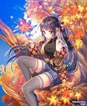  1girl bare_shoulders black_hair blue_sky breasts copyright_name hair_ribbon in_tree interitio leaf long_hair looking_at_viewer maple_leaf medium_breasts ponytail short_shorts shorts sid_story sitting sitting_in_tree sky solo thigh-highs tree very_long_hair violet_eyes 