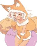  1girl :d animal_ears blade_(galaxist) blush candy character_request claws commentary_request dark_skin dress eyebrows_visible_through_hair fake_animal_ears fake_tail food fox_ears fox_hood fox_tail from_above fur_trim gloves hair_between_eyes halloween halloween_costume inflatable_chair looking_at_viewer open_mouth orange_dress orange_eyes paws pop-up_story pumpkin simple_background sitting smile solo tail translated white_background white_hair 