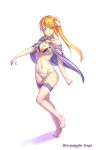  &gt;:) barefoot bikini blonde_hair breasts cape character_request copyright_request full_body green_eyes highres kagaa_(user_vjrx4323) long_hair medium_breasts navel short_hair_with_long_locks side_ponytail smile standing swimsuit very_long_hair white_bikini 