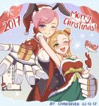  2017 3girls ambitious_elf_jinx armpits arms_up blush chan_qi_(fireworkhouse) chinese christmas dress english gift heart heart-shaped_pupils jinx league_of_legends looking_at_viewer multiple_girls smile speech_bubble symbol-shaped_pupils text translation_request vi_(league_of_legends) yuri 