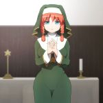  1girl altar blue_eyes breasts candle commentary_request cowboy_shot hands_clasped headdress hong_meiling indoors interlocked_fingers jewelry large_breasts long_sleeves looking_at_viewer necklace nun parted_lips redhead shirosato smile solo standing star_necklace touhou 