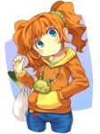  1girl bachera badge bag bangs blue_eyes button_badge coin_purse cowboy_shot denim groceries hand_in_pocket hood hood_down hoodie idolmaster jeans long_sleeves looking_at_viewer orange_hair pants plastic_bag solo spring_onion takatsuki_yayoi twintails 