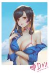  1girl artist_request bangs bare_shoulders beach bikini_top black_hair blue_sky breast_hold breasts brown_eyes character_name choker cleavage d.va_(overwatch) day detexted facial_mark heart highres large_breasts lips long_hair navel off_shoulder open_clothes open_shirt outdoors overwatch parted_lips photo_(object) shirt sky solo sweat swept_bangs white_bikini_top 