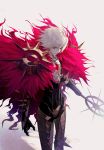  armor blue_eyes closed_mouth fate/apocrypha fate_(series) fur_trim hair_between_eyes highres holding holding_weapon jewelry karna_(fate) looking_at_viewer male_focus necklace pale_skin smile solo spikes standing tsurime wanke weapon white_hair 
