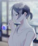  1girl bare_arms black_hair blowing blue_eyes blurry blurry_background fingernails flat_chest glass glass_blowing half-closed_eyes highres holding looking_to_the_side mouth_hold original p2_(uxjzz) profile shirt short_hair short_ponytail sleeveless sleeveless_shirt solo upper_body 
