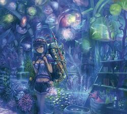  1girl aquarium backpack bag bare_tree blue blue_eyes blue_hair book bookshelf capelet cube fish flower grass head_tilt indoors jellyfish light_smile midriff navel original plant potion potted_plant short_hair shorts shoulder_bag solo surreal tree water yoshiku_(oden-usagi) 