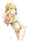  &gt;:p /\/\/\ 1girl :p absurdres ahoge akanbe arm_up artist_name ass_smack bikini blonde_hair breasts cloba cowboy_shot cropped_legs dated front-tie_bikini front-tie_top green_bikini green_eyes hair_between_eyes high_ponytail highres hoshii_miki idolmaster leaning_forward long_hair medium_breasts navel ponytail sidelocks simple_background solo spanked spanking swimsuit tongue tongue_out white_background 