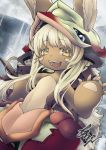  1girl animal_ears arikanrobo eyebrows_visible_through_hair furry highres long_hair looking_at_viewer made_in_abyss nanachi_(made_in_abyss) navel open_mouth rabbit_ears smile solo teeth white_hair yellow_eyes 