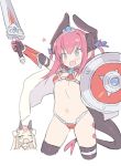  2girls :d arm_up armor bangs bikini bikini_armor black_legwear blade_(galaxist) blue_eyes cropped_legs elizabeth_bathory_(brave)_(fate) fang fate/grand_order fate_(series) holding holding_shield holding_sword holding_weapon horns ibaraki_douji_(fate/grand_order) lancer_(fate/extra_ccc) legs_apart loose_bikini multiple_girls navel open_mouth pink_hair red_bikini shield sidelocks smile solo_focus swimsuit sword tail thigh-highs tiara weapon 