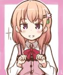  1girl bangs blush bow bowtie collared_shirt commentary eyebrows_visible_through_hair flat_chest gochuumon_wa_usagi_desu_ka? hair_ornament hairclip hoto_cocoa looking_at_viewer orange_hair outline pink_border pink_vest rabbit_house_uniform red_bow red_bowtie shirt short_hair smile solo sparkle teeth upper_body violet_eyes white_background white_outline white_shirt wing_collar yaplus 