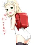 1girl :d aikawa_ryou backpack bag black_legwear blonde_hair green_eyes hairband heart highres i-504_(kantai_collection) kantai_collection luigi_torelli_(kantai_collection) open_mouth randoseru school_swimsuit short_hair simple_background smile solo swimsuit thigh-highs translation_request white_background white_hairband white_school_swimsuit white_swimsuit 