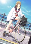  1girl aida_takanobu bag bicycle black_legwear blue_sky brown_eyes brown_hair butter food food_in_mouth ground_vehicle highres loafers long_hair looking_at_viewer mouth_hold original outdoors school_uniform serafuku shoes skirt sky sleeves_past_wrists socks solo toast toast_in_mouth 
