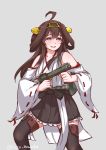 1girl :d ahoge aiming bangs bare_shoulders black_legwear black_skirt blue_eyes blush brown_hair commentary disco_brando dress flamethrower frilled_skirt frills grey_background gun headgear highres holding holding_gun holding_weapon japanese_clothes kantai_collection kongou_(kantai_collection) legs_apart long_hair long_sleeves looking_afar looking_away nontraditional_miko open_mouth pleated_skirt sash simple_background skirt smile solo thigh-highs twitter_username weapon white_dress wide_sleeves 