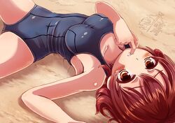  1girl beach blush breasts brown_eyes brown_hair kantai_collection looking_at_viewer lying medium_breasts mutsuki_(kantai_collection) on_back ootori_(kyoya-ohtori) parted_lips sand sand_on_skin school_swimsuit short_hair solo swimsuit text 