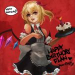  1girl absurdres alternate_costume apron arm_garter artist_name birthday birthday_cake black_dress blonde_hair cake crystal dated dress flandre_scarlet food hair_ribbon heart highres holding holding_plate looking_at_viewer maid monori_rogue no_hat no_headwear open_mouth plate red_background red_eyes red_ribbon ribbon short_hair side_ponytail sleeveless sleeveless_dress solo speech_bubble touhou white_apron wings 