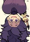  1girl al_bhed_eyes blush breasts giggling hex_maniac_(pokemon) large_breasts long_hair looking_at_viewer messy_hair mimikyu motion_lines npc_trainer open_mouth pokemon pokemon_(game) pokemon_xy purple_hair smile sweater upside-down violet_eyes watson 