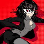  10s 1girl amamiya_ren atlus black_hair dh_(brink_of_memories) genderswap genderswap_(mtf) glasses gloves highres kurusu_akira long_hair looking_at_viewer mask megami_tensei persona persona_5 red_eyes short_hair simple_background smile solo 