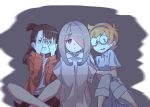  3girls asymmetrical_bangs bangs blue_eyes brown_hair covering_eyes glasses hair_over_one_eye hairband hood hoodie indian_style kagari_atsuko little_witch_academia long_hair looking_at_viewer lotte_jansson multiple_girls open_clothes open_hoodie orange_hair pajamas purple_hair red_eyes scared semi-rimless_glasses short_hair shorts sitting sucy_manbavaran tama under-rim_glasses violet_eyes watching_television 