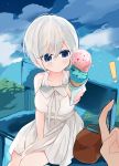  1girl amesawa_mokke bag bangs bench between_legs blue_eyes blush breasts closed_mouth day dress eyebrows_visible_through_hair food hair_between_eyes hand_between_legs highres ice_cream medium_breasts original out_of_frame outdoors short_hair silver_hair sitting solo_focus sundress tsurime 