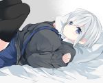  1girl amesawa_mokke bangs bed_sheet black_skirt black_sweater blue_neckwear blush breasts closed_mouth eyebrows_visible_through_hair hands_up knees_up large_breasts legs_together looking_at_viewer lying necktie on_back original pillow pleated_skirt school_uniform sidelocks skirt solo sweater thigh-highs 
