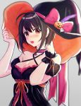  1girl ahoge black_hair blurry blush breasts brown_eyes cleavage depth_of_field dress fang hat highres idolmaster idolmaster_cinderella_girls kohinata_miho looking_at_viewer medium_breasts open_mouth short_hair solo tomato_omurice_melon upper_body witch_hat 