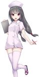  1girl :d bangs black_hair blunt_bangs blush clipboard eyebrows_visible_through_hair hat heavens_thunder_(byakuya-part2) holding holding_pen leg_up long_hair looking_at_viewer low-tied_long_hair low_twintails nurse nurse_cap open_mouth original pen pink_legwear red_eyes short_sleeves simple_background smile solo standing standing_on_one_leg thigh-highs twintails very_long_hair white_background 