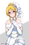  1girl ayase_eli bangs bare_shoulders blonde_hair blue_eyes blush closed_mouth detached_collar disco_brando dress elbow_gloves eyebrows_visible_through_hair flower gloves hair_between_eyes hair_bun hair_ornament hands_on_own_chest hands_together head_tilt highres looking_at_viewer love_live! love_live!_school_idol_project medium_hair rose simple_background smile solo twitter_username upper_body wedding_dress white_background white_dress white_gloves white_rose 