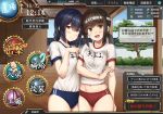  2girls arm_behind_back black_hair bloomers blush breasts brown_eyes brown_hair closed_mouth clouds collarbone day fake_screenshot fubuki_(kantai_collection) green_eyes hands_on_own_chest headband highres ichikawa_feesu isonami_(kantai_collection) kantai_collection long_hair looking_at_viewer midriff multiple_girls navel open_mouth ponytail shiny shiny_hair short_hair short_sleeves sky small_breasts smile translation_request tree underwear 
