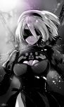  1girl black_dress black_hairband blindfold breasts cleavage cleavage_cutout covered_eyes dress feather-trimmed_sleeves greyscale hairband juliet_sleeves kojima_saya long_sleeves looking_at_viewer mole mole_under_mouth monochrome nier_(series) nier_automata puffy_sleeves short_hair solo upper_body weapon weapon_on_back yorha_no._2_type_b 