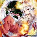  &gt;:o 1girl :o arm_garter bamboo bamboo_forest bangs blush bow dress_shirt fire forest fujiwara_no_mokou hair_bow juliet_sleeves long_hair long_sleeves looking_at_viewer nature ofuda_on_clothes pants parted_lips puffy_sleeves red_eyes red_pants shirt solo touhou umarutsufuri very_long_hair white_hair white_shirt 