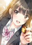  1girl bangs black_hair blush bow bowtie brown_eyes checkerboard_cookie commentary_request cookie eyebrows_visible_through_hair food half_updo kazuharu_kina long_hair looking_at_viewer open_mouth original school_uniform smile solo twitter_username 