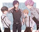  4boys akashi_kuniyuki arm_up belt black_gloves black_pants black_vest blonde_hair blush border brown_hair closed_mouth commentary_request cowboy_shot crossed_arms ear_clip gloves green_eyes grey_shirt hair_ornament hairclip hakata_toushirou hamo_ei hand_in_pocket hand_on_own_neck kikkou_sadamune kotegiri_gou leaning_forward long_sleeves looking_at_viewer looking_back multiple_boys one_eye_closed orange_ribbon pants parted_lips pink_eyes pink_hair purple_hair ribbon shirt sleeves_pushed_up smile standing suspenders touken_ranbu vest white_border white_shirt yellow_eyes 