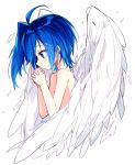  1boy ahoge angel_wings blue_eyes blue_hair blush cardfight!!_vanguard male_focus name_(oiuio) sendou_aichi smile solo wings 
